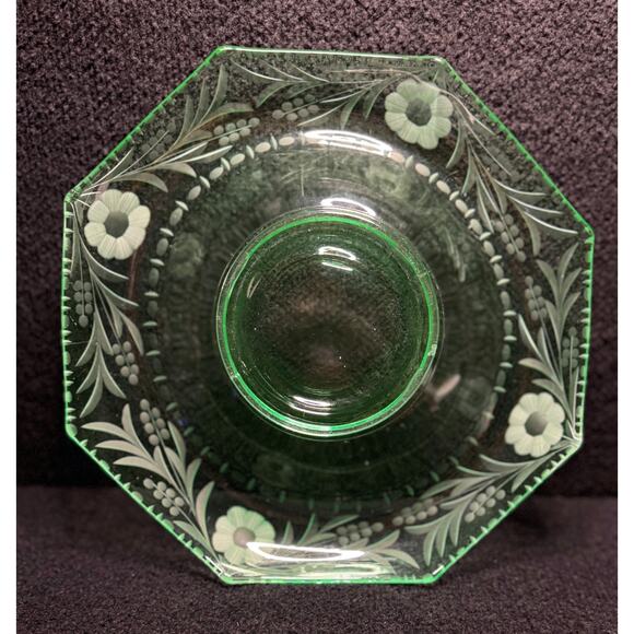 Uranium Glass Bowl Vaseline Glass Floral Etched Rolled Edge Glows Green UV 12in - Picture 9 of 9